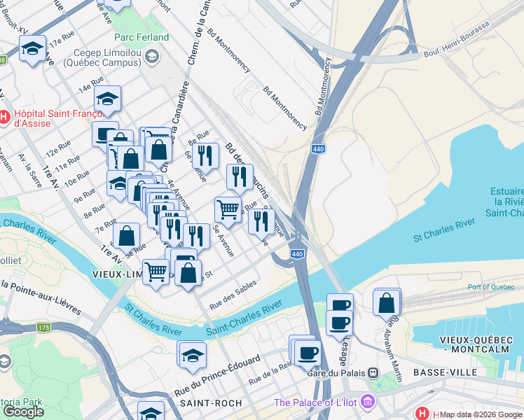 map of restaurants, bars, coffee shops, grocery stores, and more near 899 3e Rue in Québec