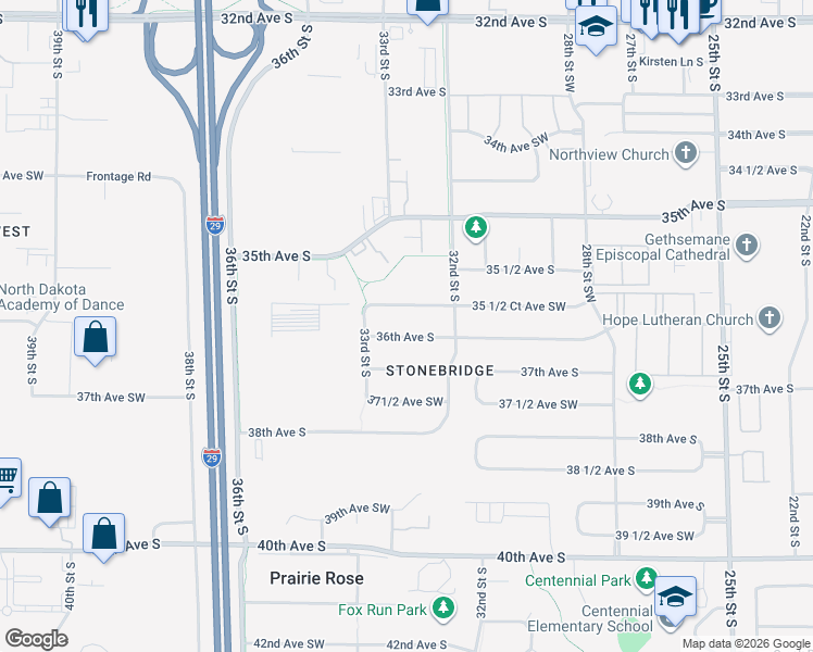 map of restaurants, bars, coffee shops, grocery stores, and more near 3162-3298 36th Ave SW in Fargo