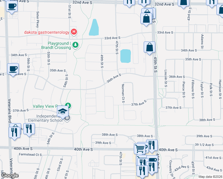 map of restaurants, bars, coffee shops, grocery stores, and more near 4952 40th Ave S in Fargo