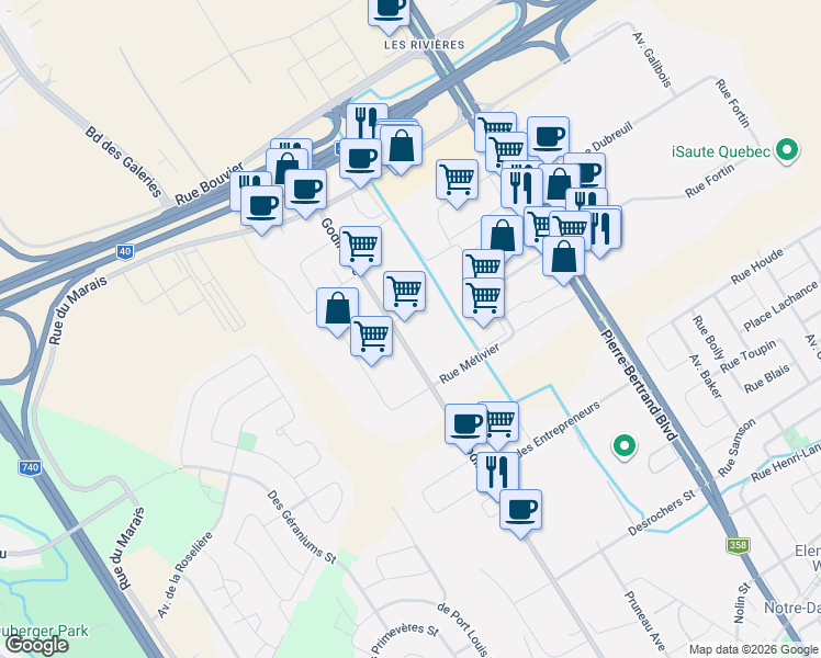 map of restaurants, bars, coffee shops, grocery stores, and more near 830 Godin Avenue in Québec City