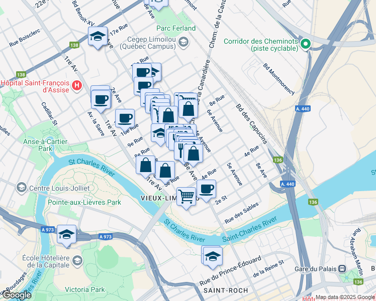 map of restaurants, bars, coffee shops, grocery stores, and more near 320 Chemin de la Canardière in Québec
