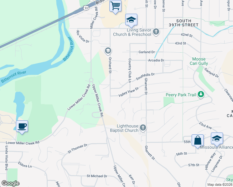 map of restaurants, bars, coffee shops, grocery stores, and more near 2717 Valley View Drive in Missoula