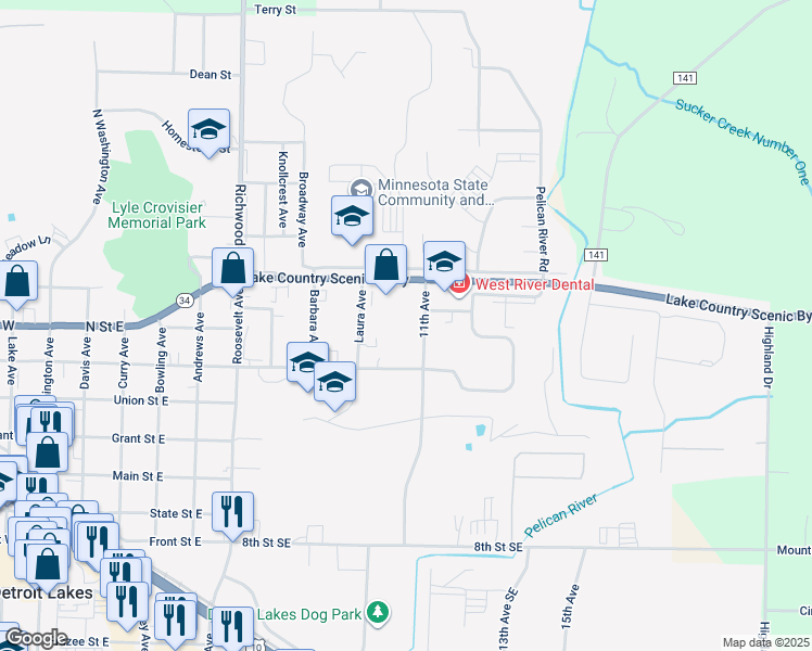 map of restaurants, bars, coffee shops, grocery stores, and more near 212 11th Avenue in Detroit Lakes