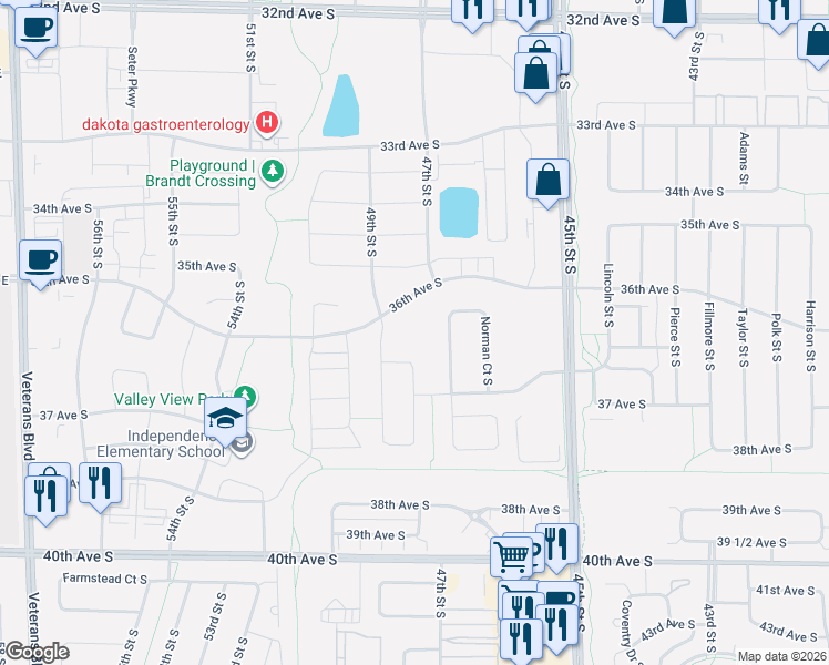 map of restaurants, bars, coffee shops, grocery stores, and more near 3777 Norman Court South in Fargo