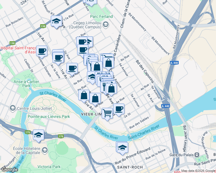 map of restaurants, bars, coffee shops, grocery stores, and more near 320 Chemin de la Canardière in Québec