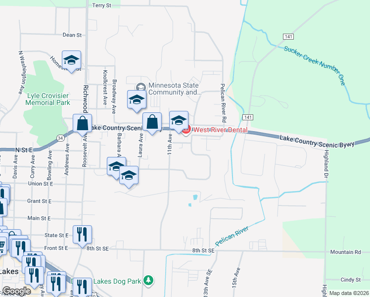 map of restaurants, bars, coffee shops, grocery stores, and more near 1107 West River Road in Detroit Lakes