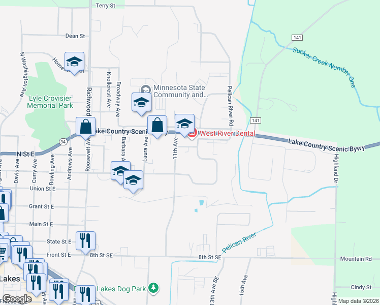 map of restaurants, bars, coffee shops, grocery stores, and more near 1107 West River Road in Detroit Lakes