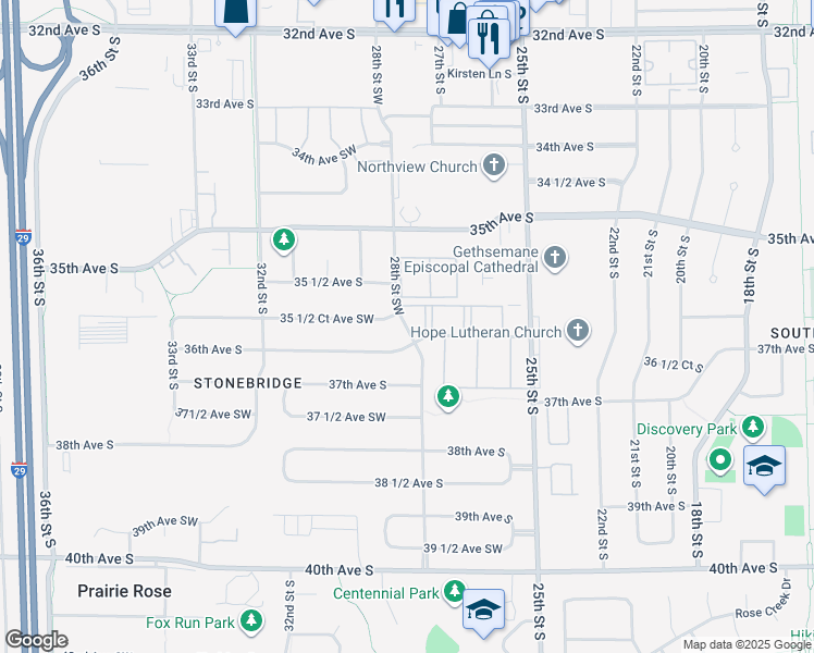 map of restaurants, bars, coffee shops, grocery stores, and more near 2815 36th Avenue South in Fargo