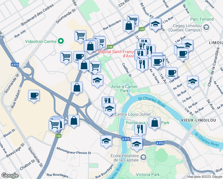 map of restaurants, bars, coffee shops, grocery stores, and more near 257 Rue Papineau in Ville de Québec