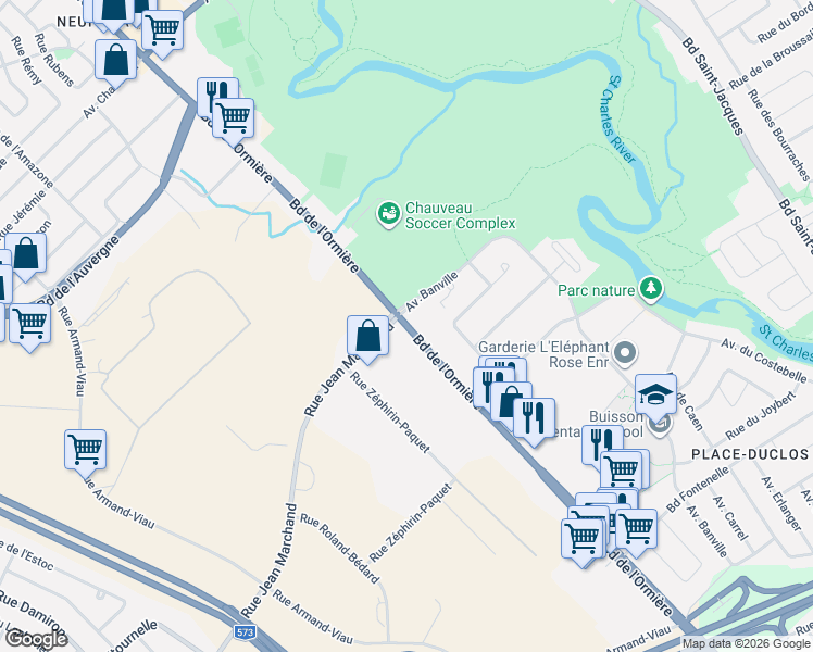 map of restaurants, bars, coffee shops, grocery stores, and more near 7050 Boulevard de l'Ormière in Québec