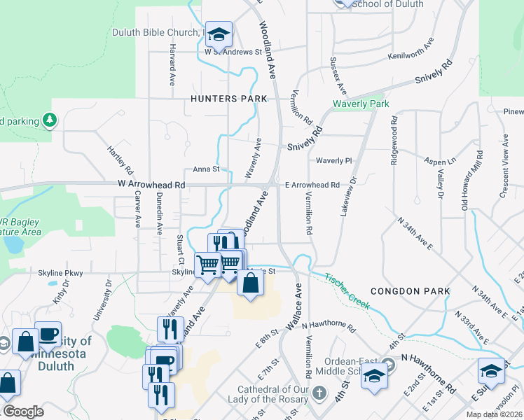 map of restaurants, bars, coffee shops, grocery stores, and more near 1846 Woodland Avenue in Duluth