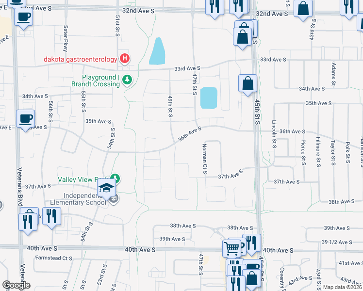 map of restaurants, bars, coffee shops, grocery stores, and more near 4952 40th Ave S in Fargo