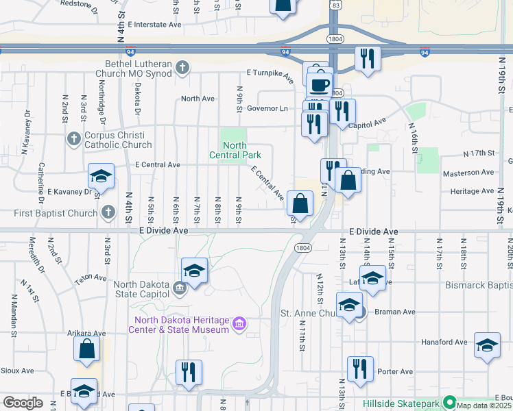 map of restaurants, bars, coffee shops, grocery stores, and more near 918 East Owens Avenue in Bismarck