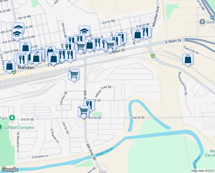 map of restaurants, bars, coffee shops, grocery stores, and more near 913 Adobe Trail Southeast in Mandan