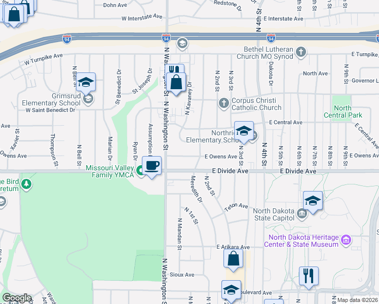 map of restaurants, bars, coffee shops, grocery stores, and more near in Bismarck
