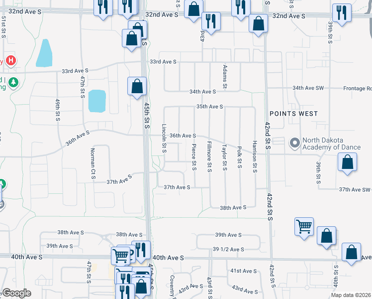 map of restaurants, bars, coffee shops, grocery stores, and more near 3642 36th Ave S in Fargo