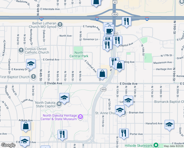 map of restaurants, bars, coffee shops, grocery stores, and more near 1010 East Owens Avenue in Bismarck