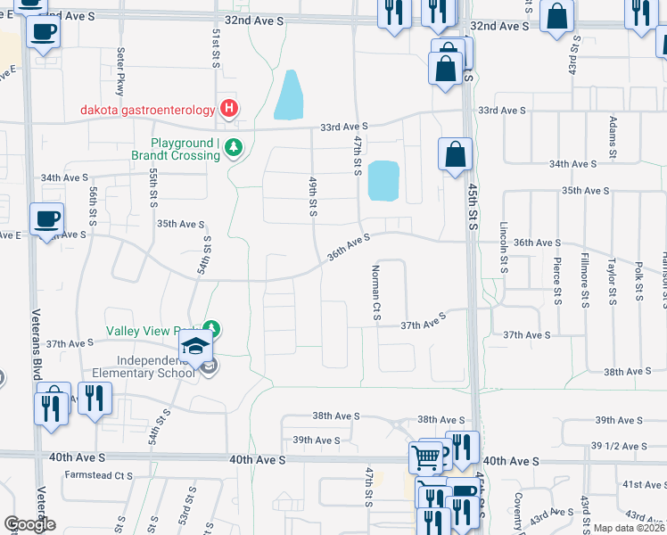 map of restaurants, bars, coffee shops, grocery stores, and more near 4952 40th Ave S in Fargo