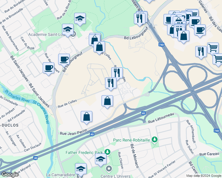 map of restaurants, bars, coffee shops, grocery stores, and more near 2405 Rue de Celles in Québec