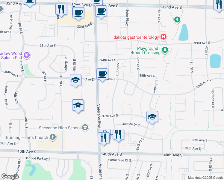 map of restaurants, bars, coffee shops, grocery stores, and more near 5630 36th Avenue South in Fargo