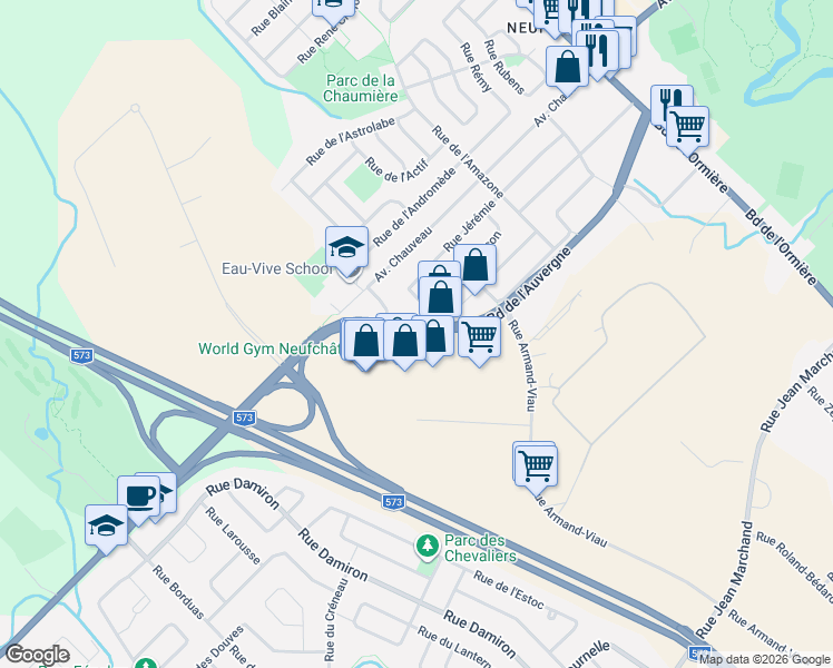 map of restaurants, bars, coffee shops, grocery stores, and more near 4605 Boulevard de l'Auvergne in Québec