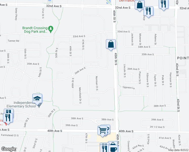 map of restaurants, bars, coffee shops, grocery stores, and more near 3734 Norman Court South in Fargo