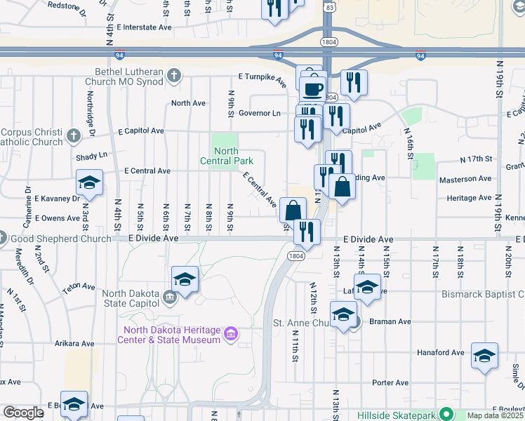 map of restaurants, bars, coffee shops, grocery stores, and more near Constitution Drive in Bismarck