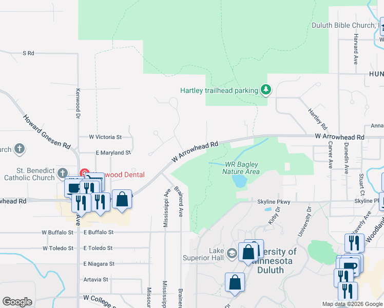 map of restaurants, bars, coffee shops, grocery stores, and more near 933 West Arrowhead Road in Duluth