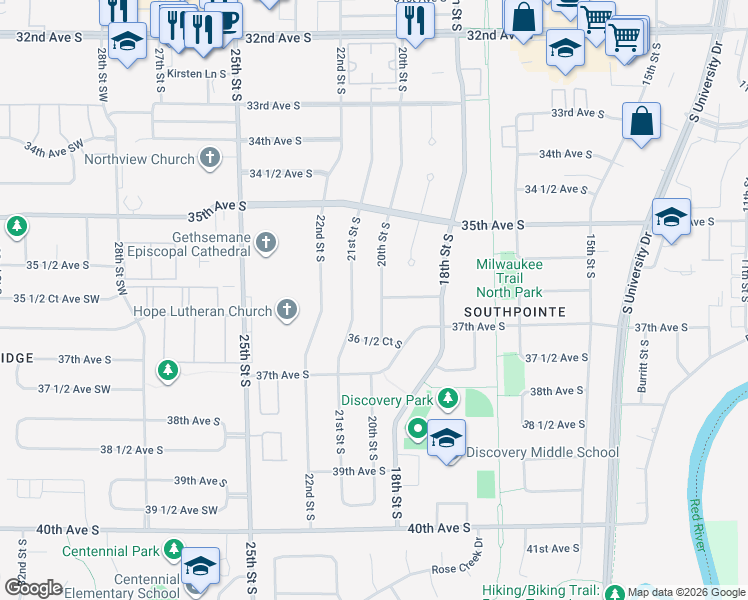 map of restaurants, bars, coffee shops, grocery stores, and more near 3626 21st Street South in Fargo