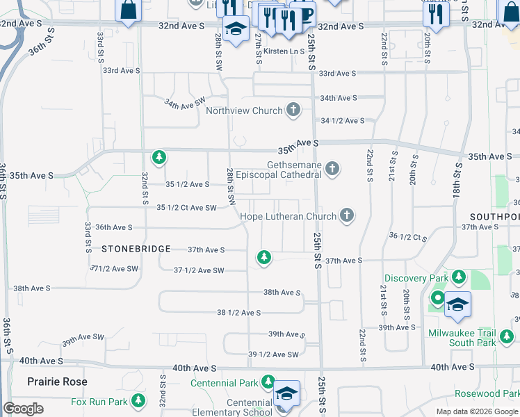 map of restaurants, bars, coffee shops, grocery stores, and more near 3510 28th Street Southwest in Fargo