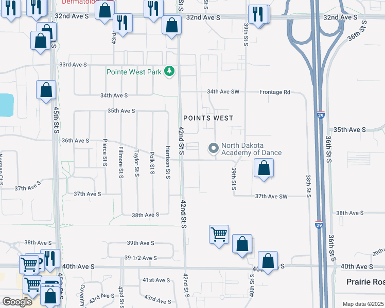 map of restaurants, bars, coffee shops, grocery stores, and more near 3550 42nd Street Southwest in Fargo