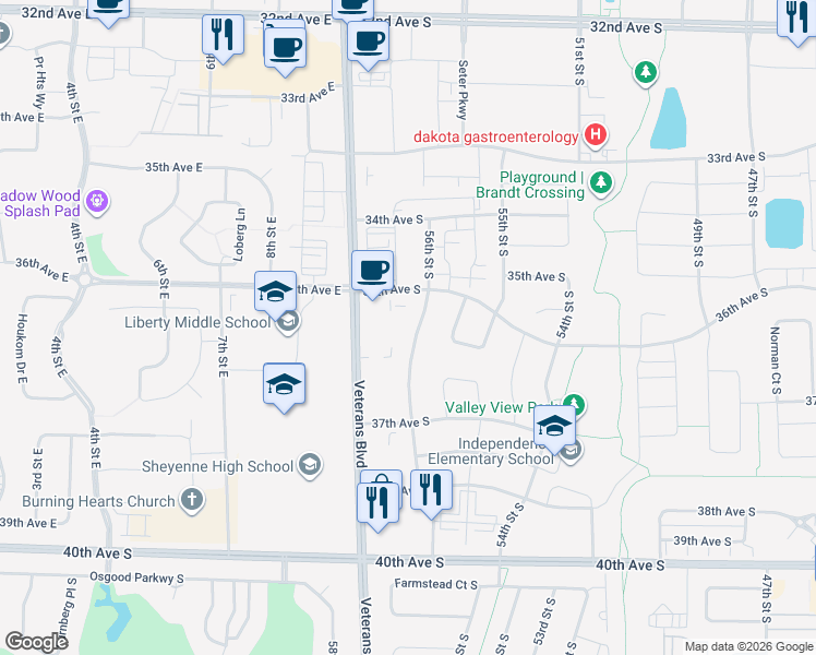 map of restaurants, bars, coffee shops, grocery stores, and more near 5630 36th Avenue South in Fargo
