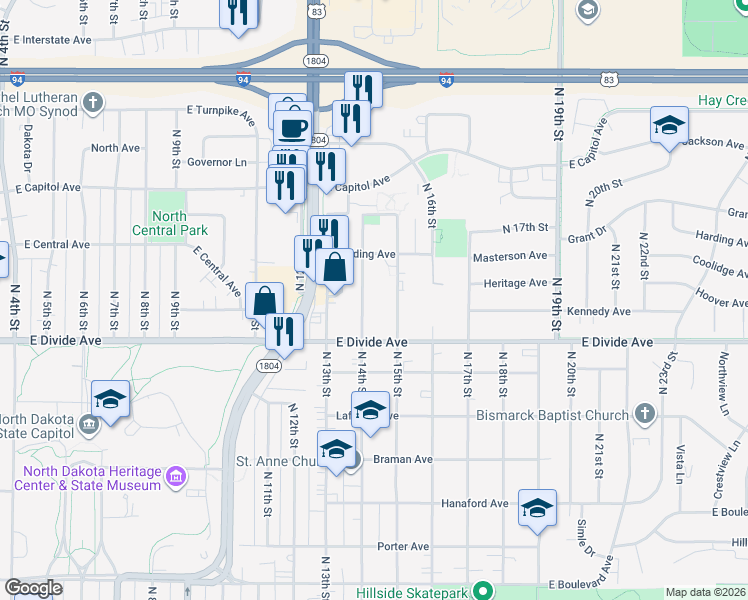 map of restaurants, bars, coffee shops, grocery stores, and more near 1819 North 14th Street in Bismarck
