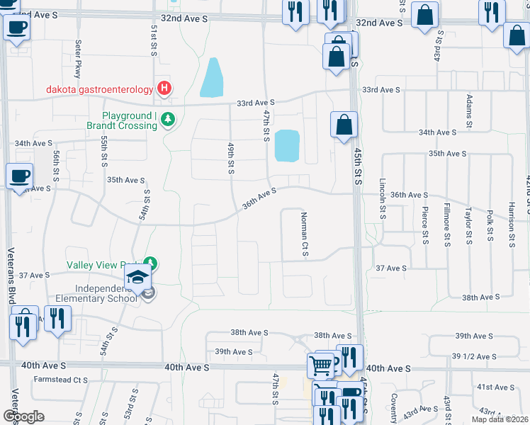 map of restaurants, bars, coffee shops, grocery stores, and more near 4808 Spencer Lane South in Fargo