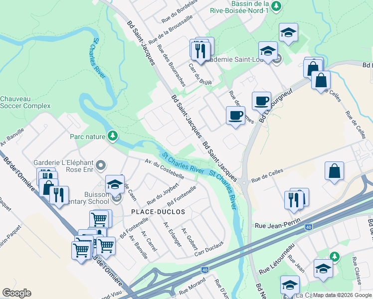 map of restaurants, bars, coffee shops, grocery stores, and more near 6023 Boulevard Saint-Jacques in Québec