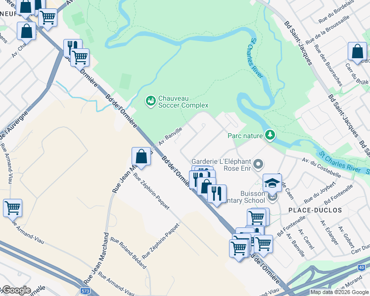map of restaurants, bars, coffee shops, grocery stores, and more near 6770 Rue de Pertuis in Québec