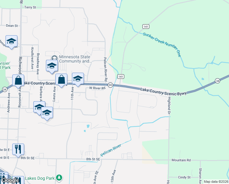 map of restaurants, bars, coffee shops, grocery stores, and more near 1208 Minnesota 34 in Detroit Lakes