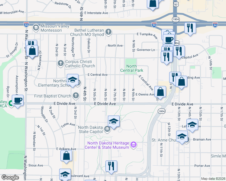 map of restaurants, bars, coffee shops, grocery stores, and more near 1814 North 7th Street in Bismarck
