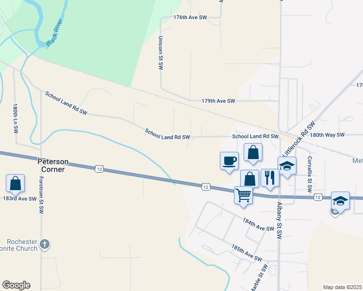 map of restaurants, bars, coffee shops, grocery stores, and more near 10558 School Land Road Southwest in Rochester