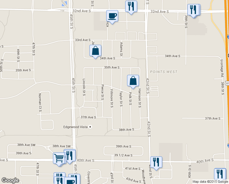 map of restaurants, bars, coffee shops, grocery stores, and more near 36th Avenue South in Fargo