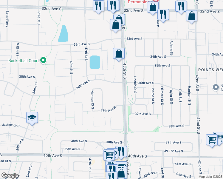 map of restaurants, bars, coffee shops, grocery stores, and more near 4558 36th Avenue South in Fargo