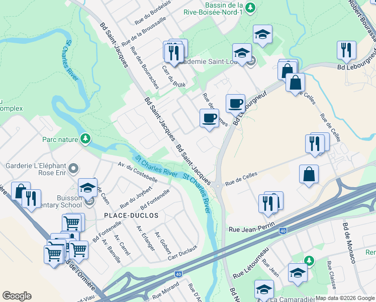 map of restaurants, bars, coffee shops, grocery stores, and more near 5818 Boulevard Saint-Jacques in Québec