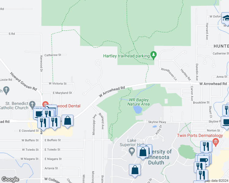 map of restaurants, bars, coffee shops, grocery stores, and more near 920 West Arrowhead Road in Duluth