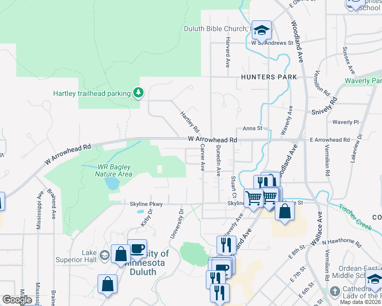 map of restaurants, bars, coffee shops, grocery stores, and more near 444 West Arrowhead Road in Duluth