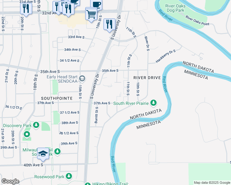 map of restaurants, bars, coffee shops, grocery stores, and more near 1156 Eagle Park Drive South in Fargo