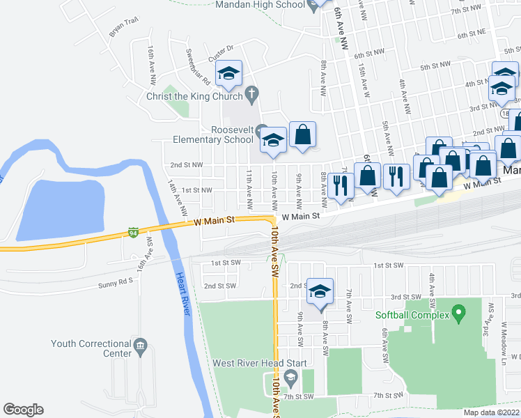 map of restaurants, bars, coffee shops, grocery stores, and more near 1106 West Main Street in Mandan