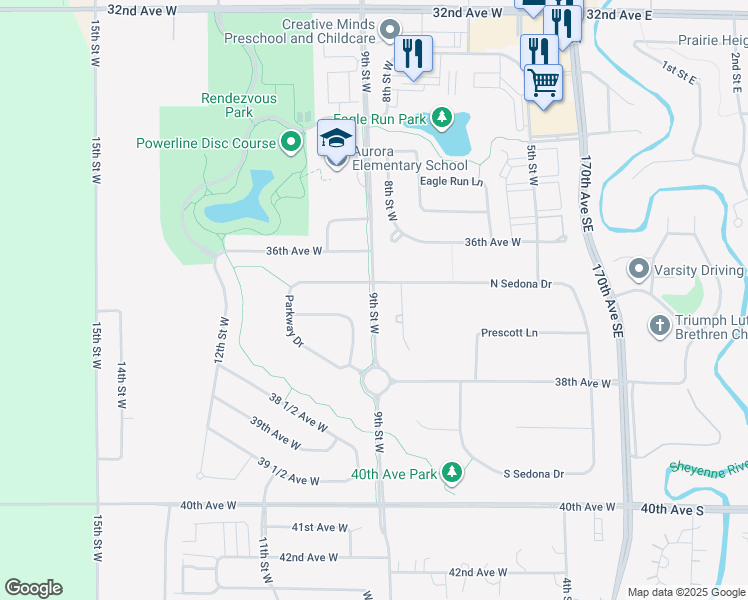 map of restaurants, bars, coffee shops, grocery stores, and more near 9th St W in West Fargo