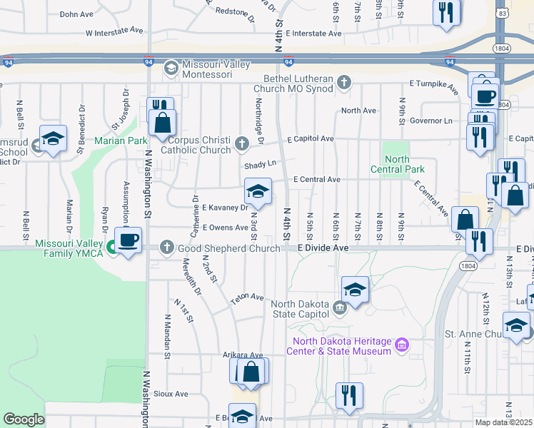 map of restaurants, bars, coffee shops, grocery stores, and more near 1727 North 3rd Street in Bismarck