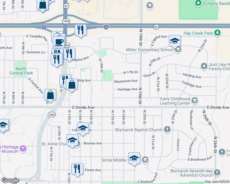 map of restaurants, bars, coffee shops, grocery stores, and more near 1716 Heritage Avenue in Bismarck