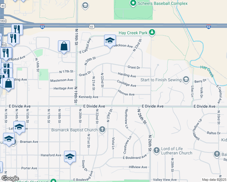 map of restaurants, bars, coffee shops, grocery stores, and more near 1806 North 23rd Street in Bismarck